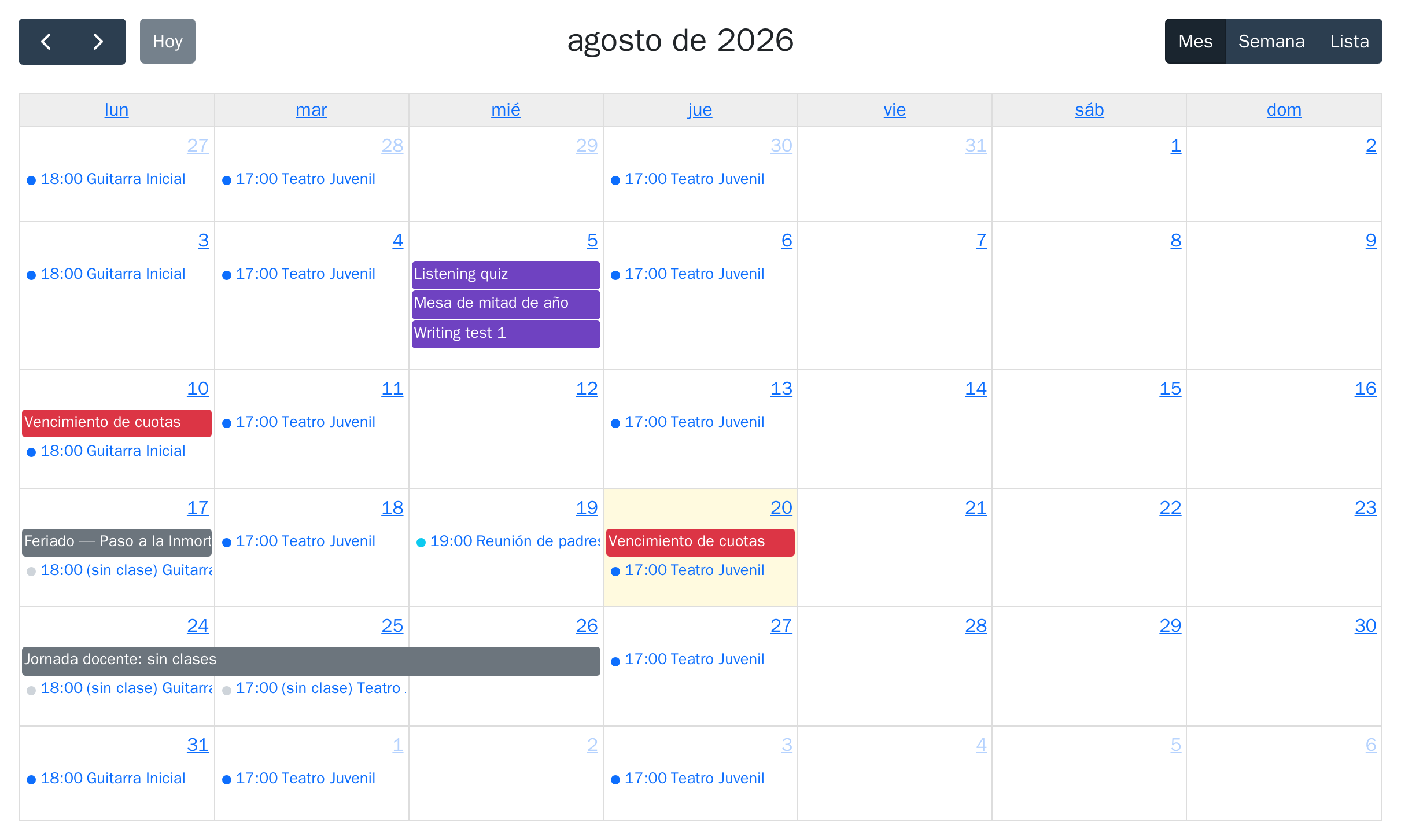 Agenda del mes con clases, evaluaciones, vencimientos y feriados